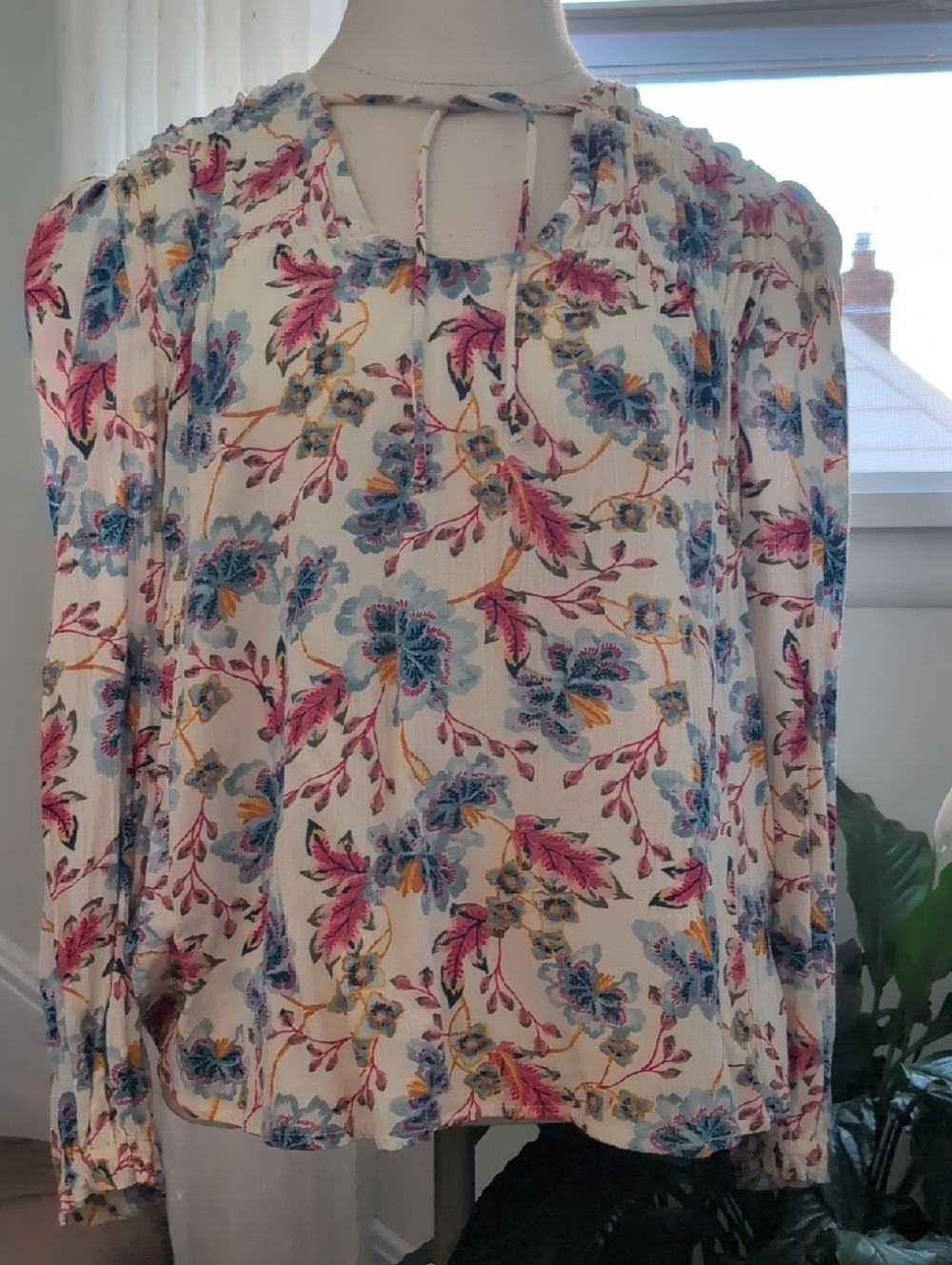 Old Navy White Floral Tie-Neck Long-Sleeve Blouse with Blue & Pink Print